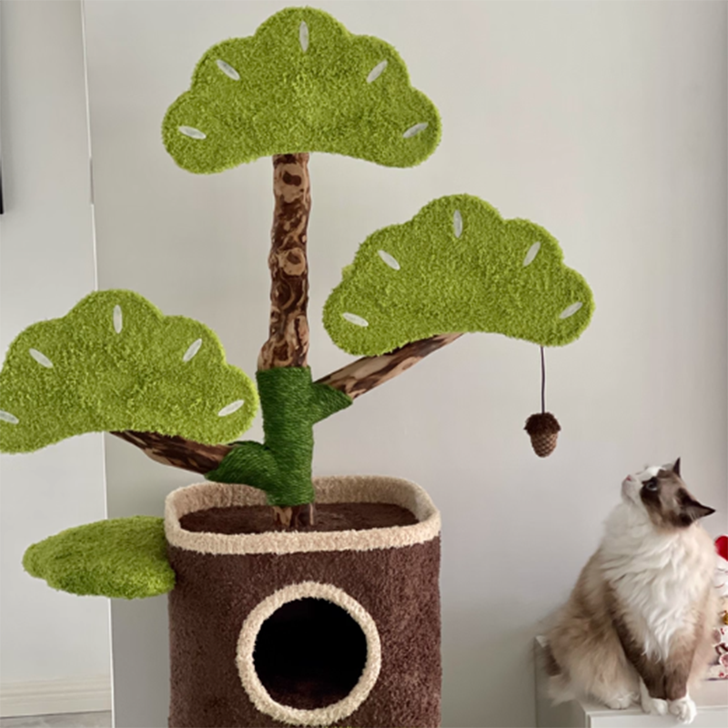 Contemporary Creative Round Particleboard Natural Fruitwood Velvet Fabric Hemp Rope Treehouse Cat Tree For Living Room Cuvalon