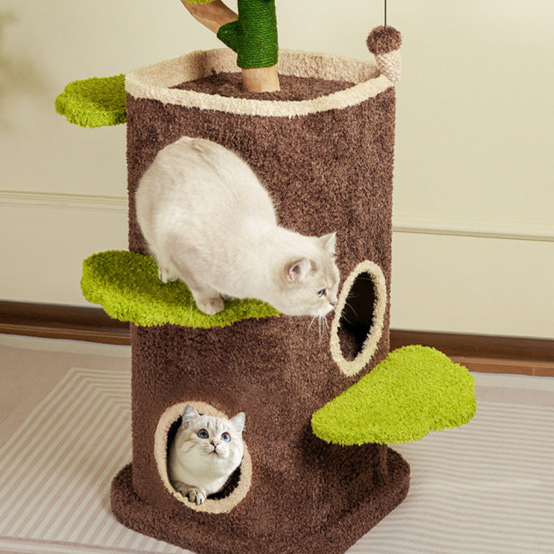 Contemporary Creative Round Particleboard Natural Fruitwood Velvet Fabric Hemp Rope Treehouse Cat Tree For Living Room Cuvalon