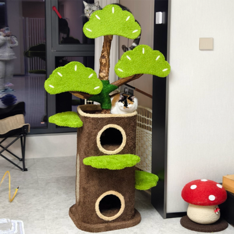 Contemporary Creative Round Particleboard Natural Fruitwood Velvet Fabric Hemp Rope Treehouse Cat Tree For Living Room Cuvalon