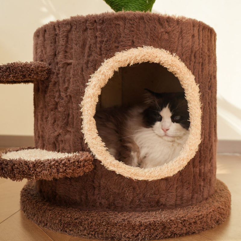 Contemporary Creative Round Particleboard Natural Fruitwood Velvet Fabric Hemp Rope Treehouse Cat Tree For Living Room Cuvalon