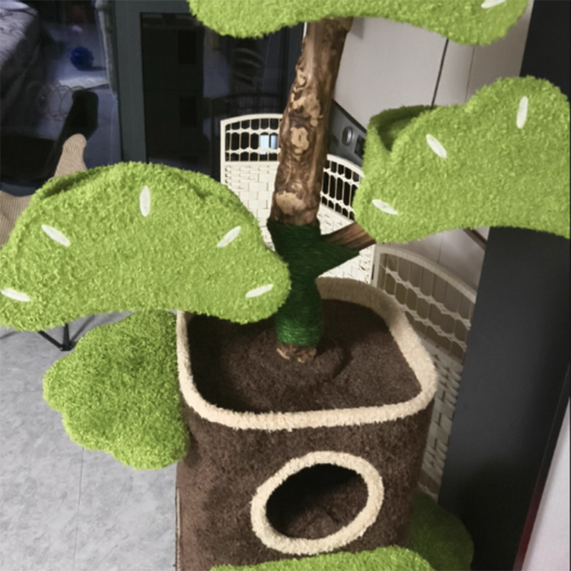 Contemporary Creative Round Particleboard Natural Fruitwood Velvet Fabric Hemp Rope Treehouse Cat Tree For Living Room Cuvalon