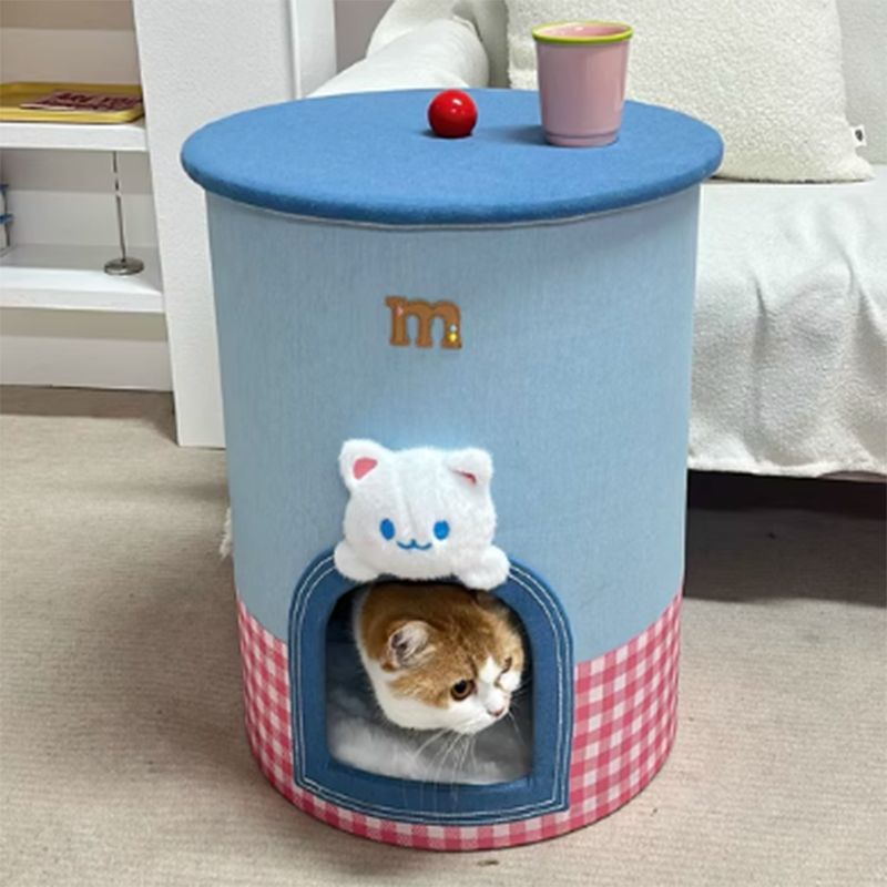 Contemporary Creative Round Polyester Denim Velvet Fabric Storage Cat Bed For Living Room Cuvalon