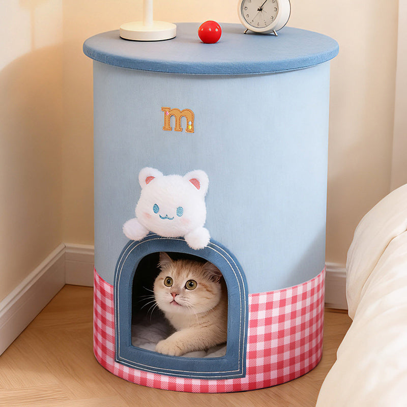 Contemporary Creative Round Polyester Denim Velvet Fabric Storage Cat Bed For Living Room Cuvalon
