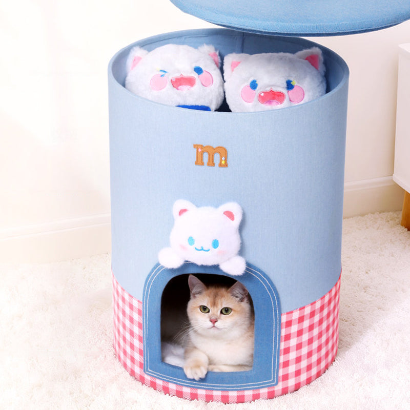 Contemporary Creative Round Polyester Denim Velvet Fabric Storage Cat Bed For Living Room Cuvalon
