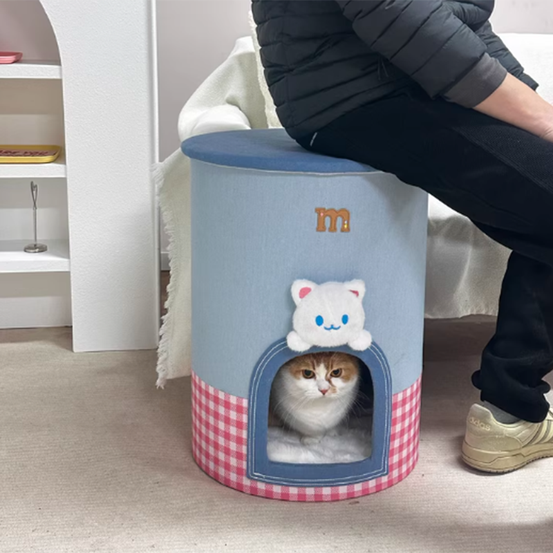 Contemporary Creative Round Polyester Denim Velvet Fabric Storage Cat Bed For Living Room Cuvalon