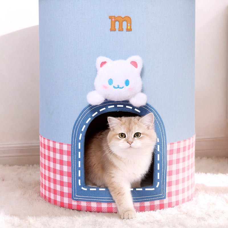 Contemporary Creative Round Polyester Denim Velvet Fabric Storage Cat Bed For Living Room Cuvalon