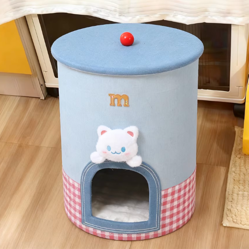 Contemporary Creative Round Polyester Denim Velvet Fabric Storage Cat Bed For Living Room Cuvalon