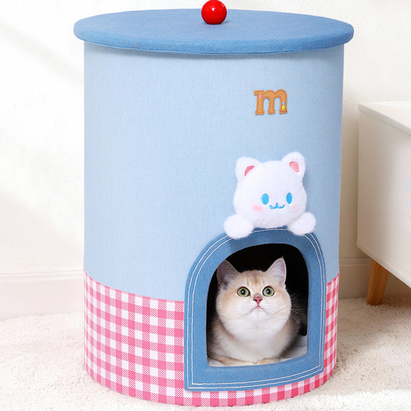 Contemporary Creative Round Polyester Denim Velvet Fabric Storage Cat Bed For Living Room Cuvalon