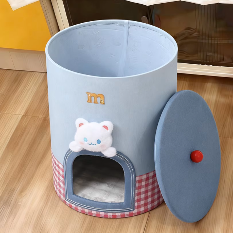 Contemporary Creative Round Polyester Denim Velvet Fabric Storage Cat Bed For Living Room Cuvalon