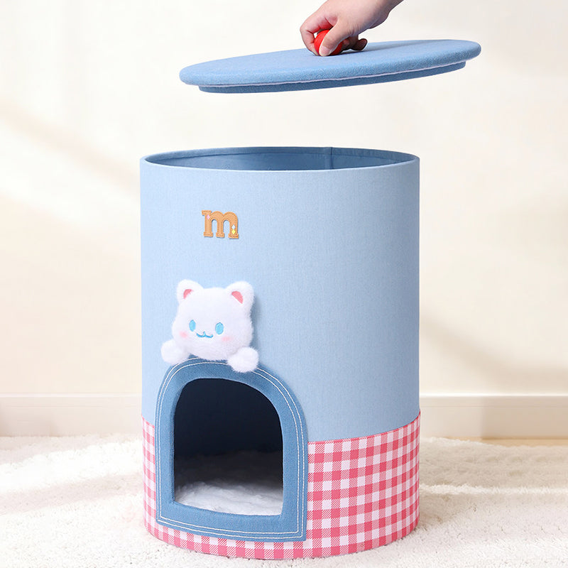 Contemporary Creative Round Polyester Denim Velvet Fabric Storage Cat Bed For Living Room Cuvalon
