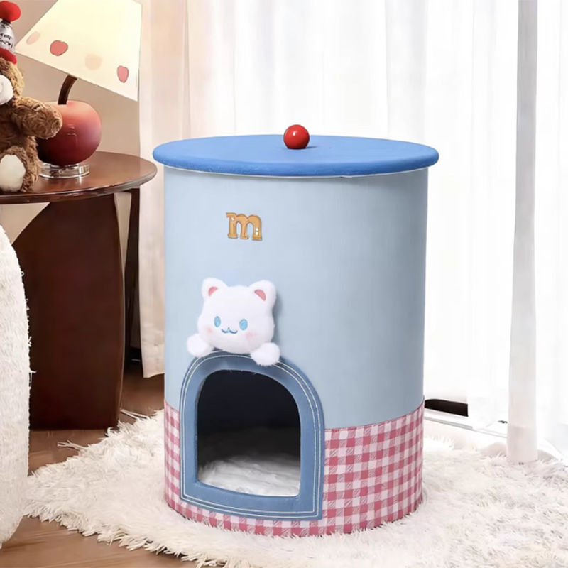 Contemporary Creative Round Polyester Denim Velvet Fabric Storage Cat Bed For Living Room Cuvalon