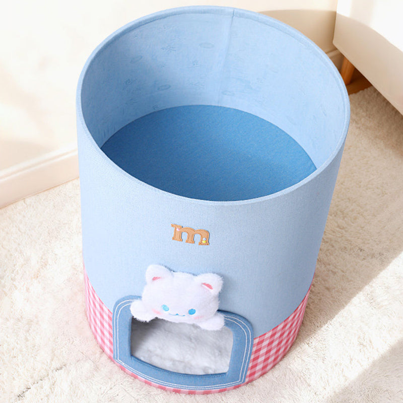 Contemporary Creative Round Polyester Denim Velvet Fabric Storage Cat Bed For Living Room Cuvalon