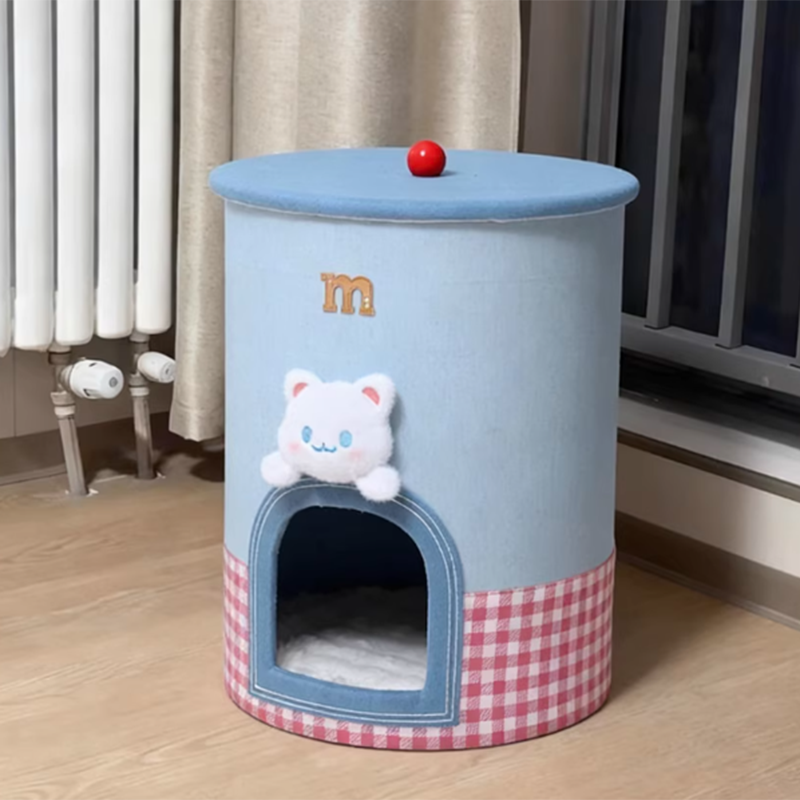 Contemporary Creative Round Polyester Denim Velvet Fabric Storage Cat Bed For Living Room Cuvalon