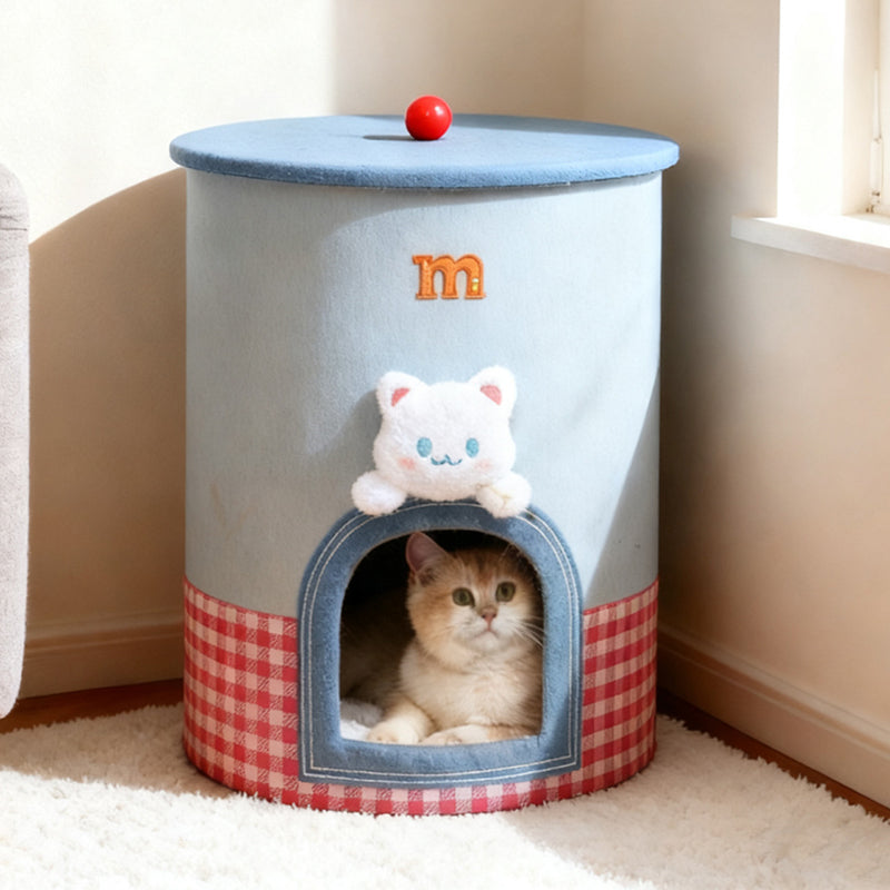 Contemporary Creative Round Polyester Denim Velvet Fabric Storage Cat Bed For Living Room Cuvalon