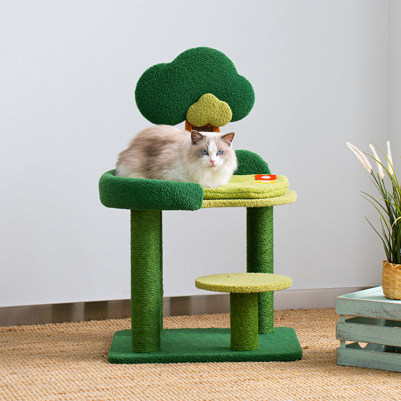Contemporary Creative Rectangular Particleboard Sisal Velvet Fabric Cardboard Tree-Design Cat Tree 1/3-Tier For Living Room Cuvalon
