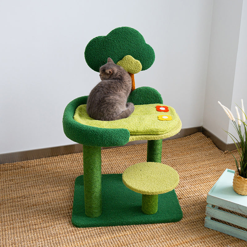 Contemporary Creative Rectangular Particleboard Sisal Velvet Fabric Cardboard Tree-Design Cat Tree 1/3-Tier For Living Room Cuvalon
