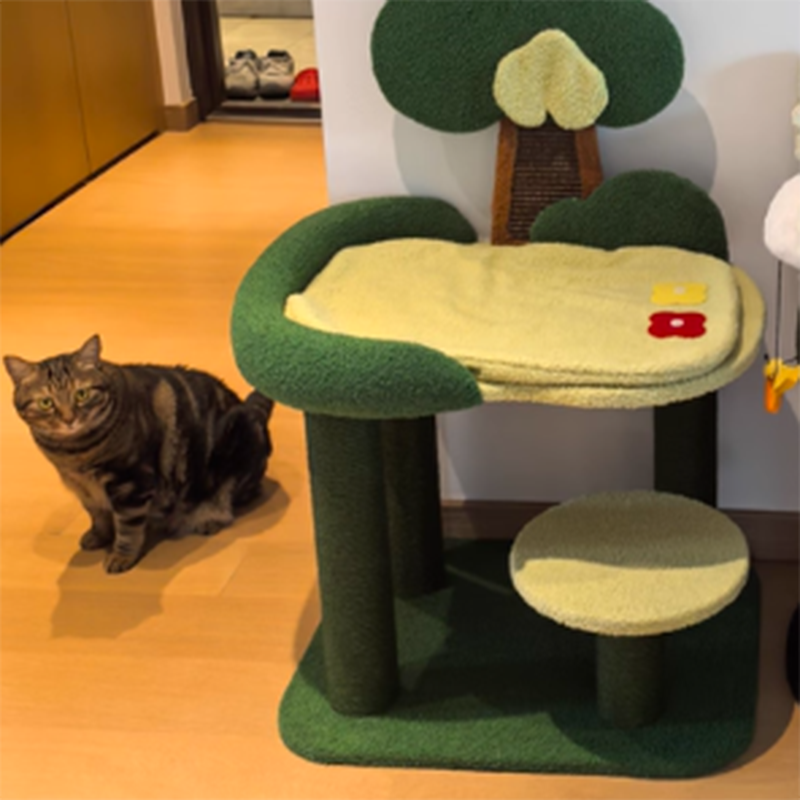 Contemporary Creative Rectangular Particleboard Sisal Velvet Fabric Cardboard Tree-Design Cat Tree 1/3-Tier For Living Room Cuvalon
