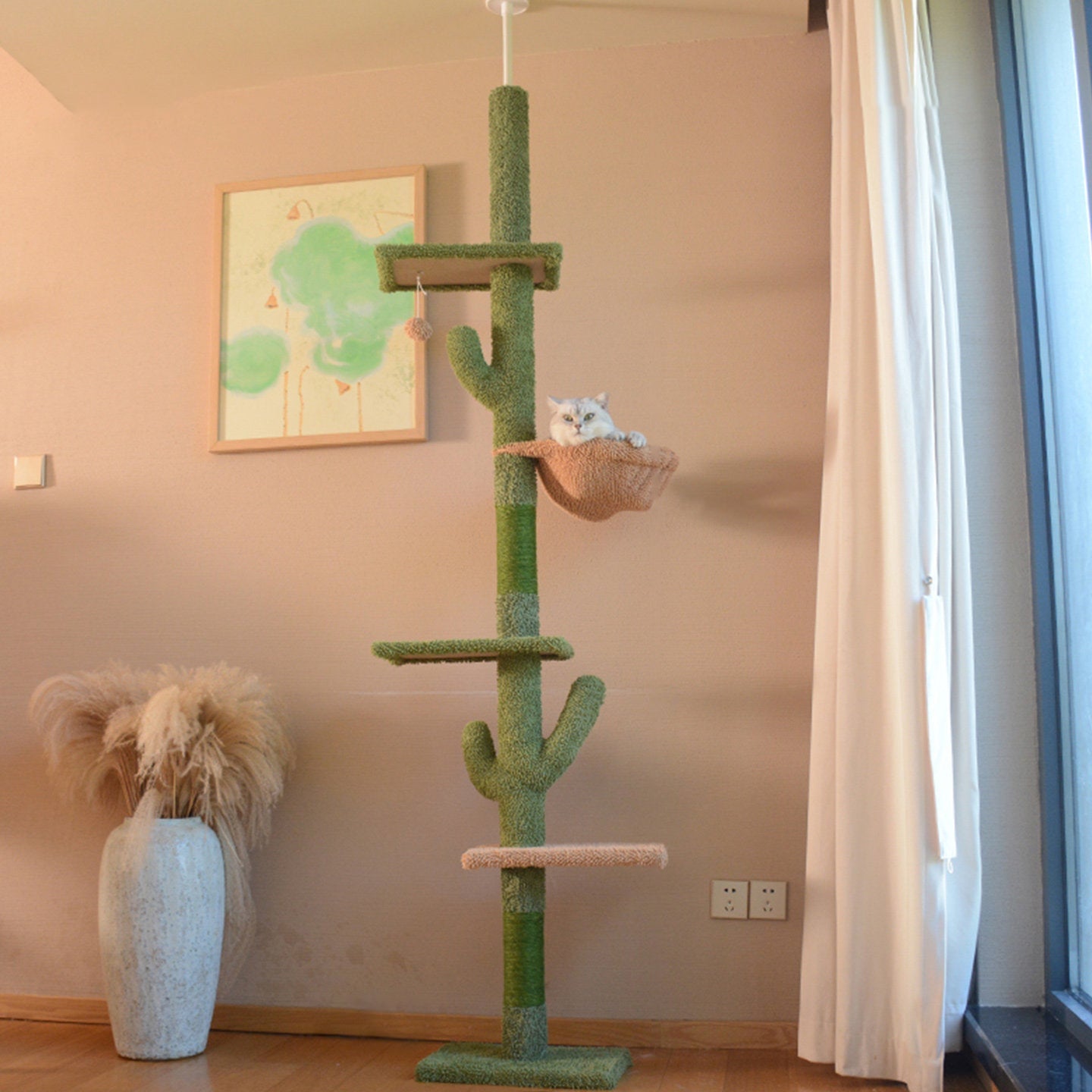 Contemporary Creative Rectangular Particleboard Velvet Fabric Sisal Paper Tube Cactus Cat Tree For Living Room Cuvalon