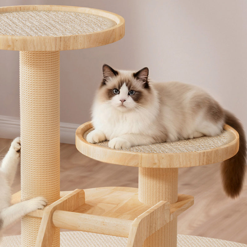 Contemporary Scandinavian Round Rubberwood Solid Wood Sisal No-Assembly Cat Tree For Living Room Cuvalon