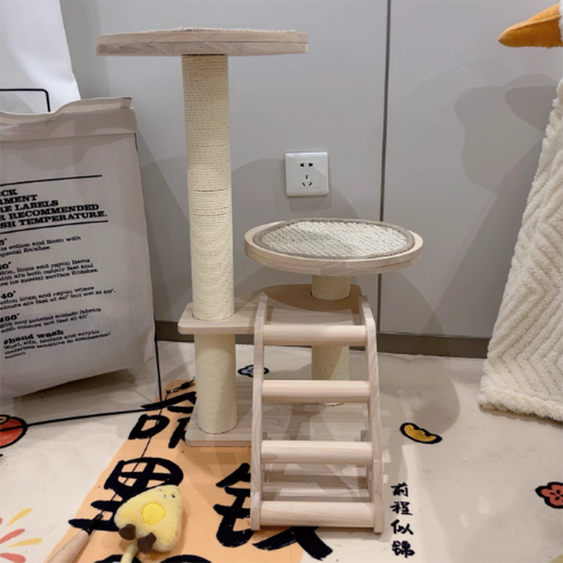 Contemporary Scandinavian Round Rubberwood Solid Wood Sisal No-Assembly Cat Tree For Living Room Cuvalon