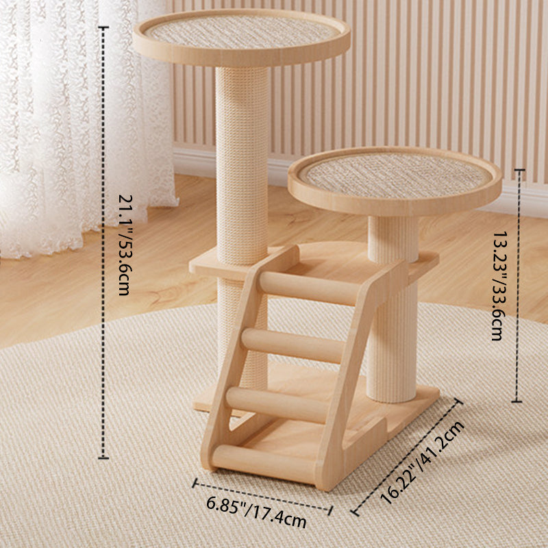Contemporary Scandinavian Round Rubberwood Solid Wood Sisal No-Assembly Cat Tree For Living Room Cuvalon