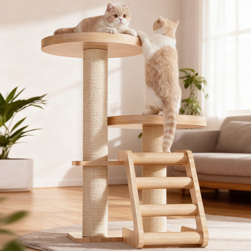 Contemporary Scandinavian Round Rubberwood Solid Wood Sisal No-Assembly Cat Tree For Living Room Cuvalon