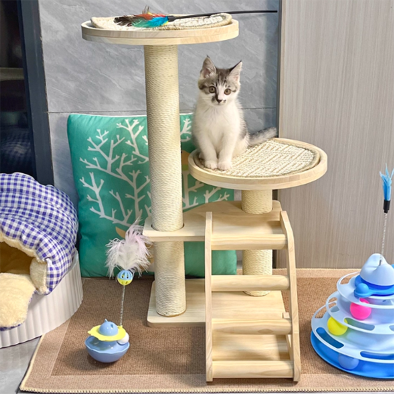 Contemporary Scandinavian Round Rubberwood Solid Wood Sisal No-Assembly Cat Tree For Living Room Cuvalon