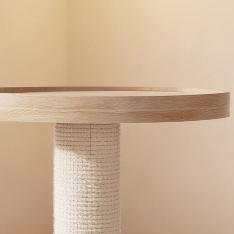 Contemporary Scandinavian Round Rubberwood Solid Wood Sisal No-Assembly Cat Tree For Living Room Cuvalon