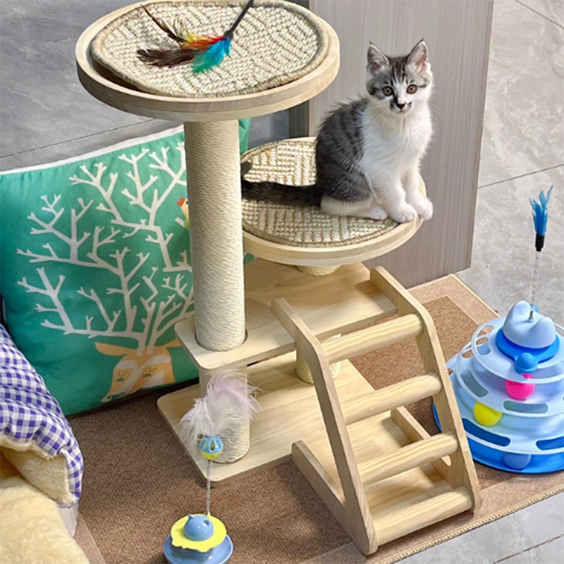 Contemporary Scandinavian Round Rubberwood Solid Wood Sisal No-Assembly Cat Tree For Living Room Cuvalon
