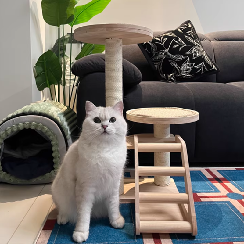 Contemporary Scandinavian Round Rubberwood Solid Wood Sisal No-Assembly Cat Tree For Living Room Cuvalon