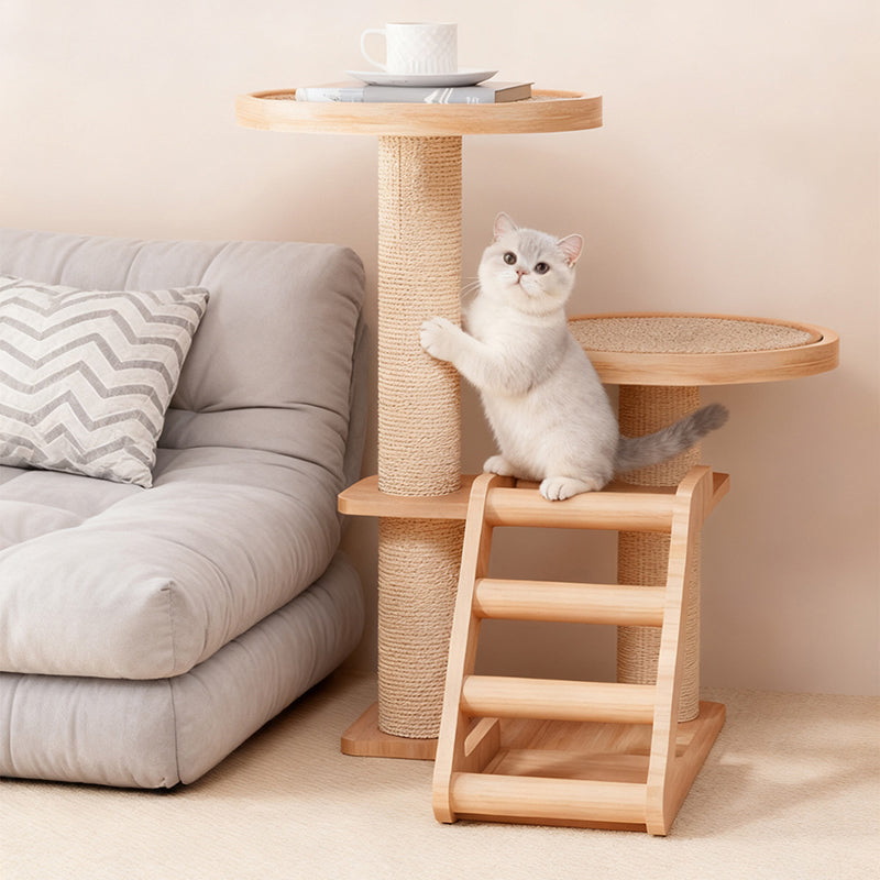 Contemporary Scandinavian Round Rubberwood Solid Wood Sisal No-Assembly Cat Tree For Living Room Cuvalon