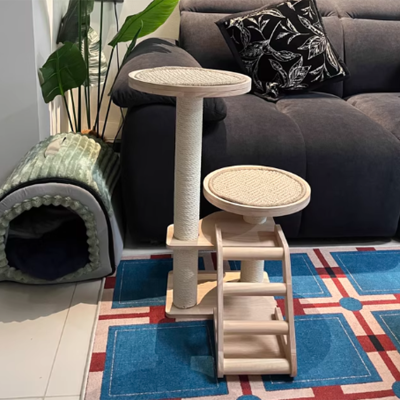 Contemporary Scandinavian Round Rubberwood Solid Wood Sisal No-Assembly Cat Tree For Living Room Cuvalon