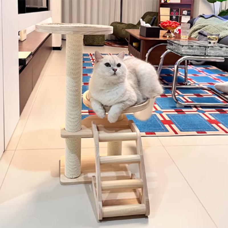 Contemporary Scandinavian Round Rubberwood Solid Wood Sisal No-Assembly Cat Tree For Living Room Cuvalon