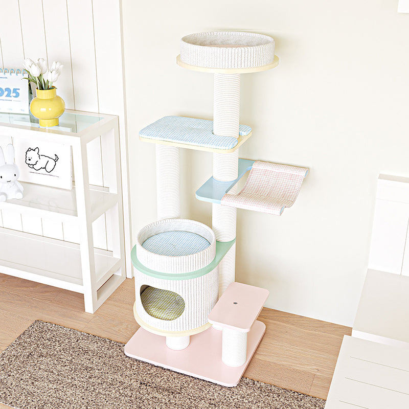 Contemporary Scandinavian Round Multi-Layer Solid Wood Panel Fiberboard Paper Rope Paper Tube Cat Tree 5-Tier For Living Room Cuvalon
