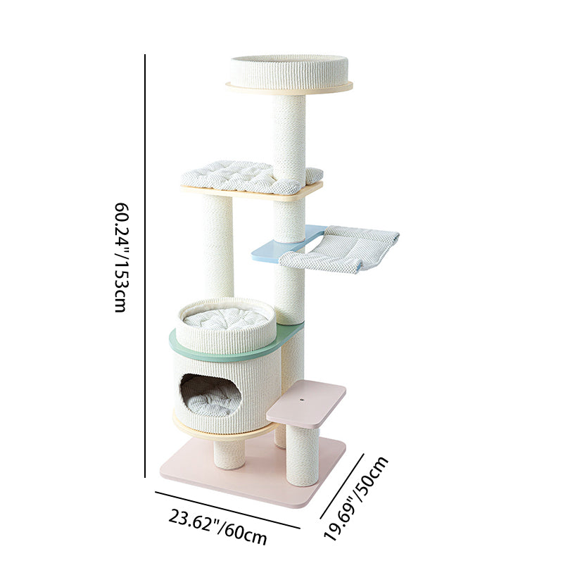 Contemporary Scandinavian Round Multi-Layer Solid Wood Panel Fiberboard Paper Rope Paper Tube Cat Tree 5-Tier For Living Room Cuvalon