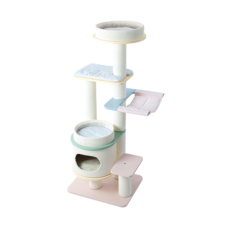 Contemporary Scandinavian Round Multi-Layer Solid Wood Panel Fiberboard Paper Rope Paper Tube Cat Tree 5-Tier For Living Room Cuvalon