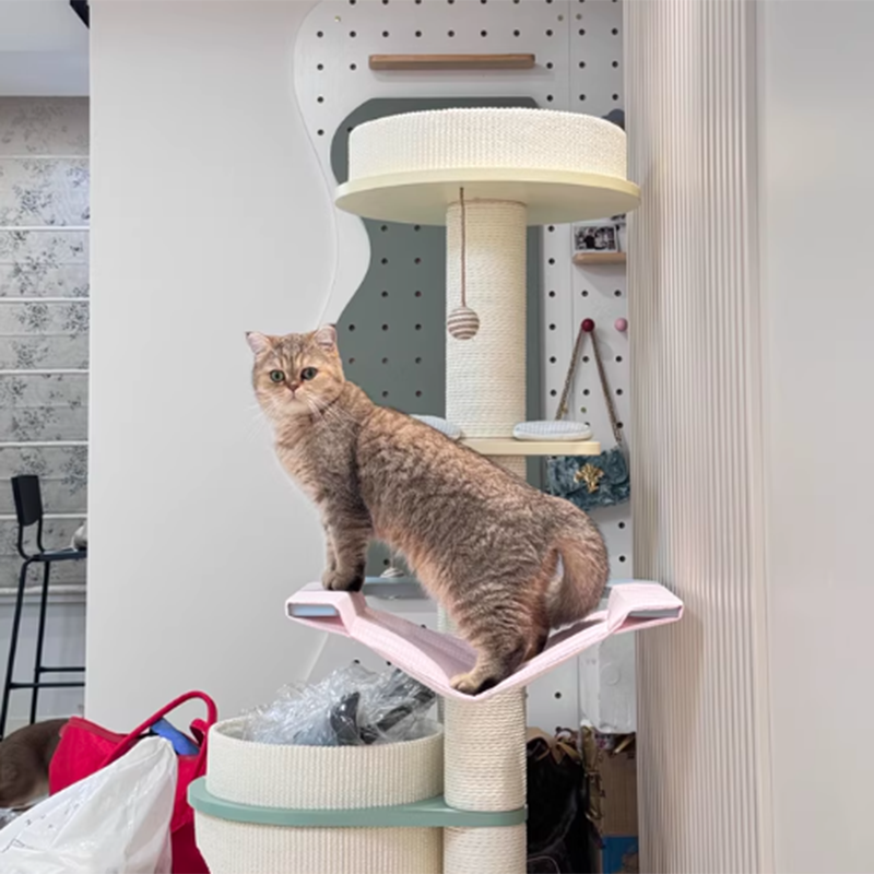 Contemporary Scandinavian Round Multi-Layer Solid Wood Panel Fiberboard Paper Rope Paper Tube Cat Tree 5-Tier For Living Room Cuvalon