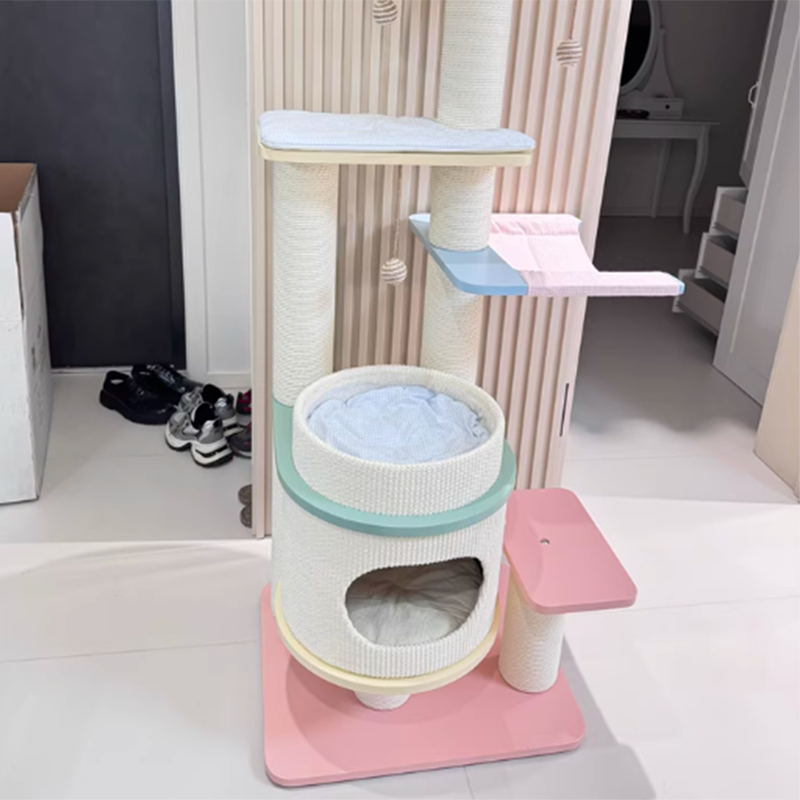 Contemporary Scandinavian Round Multi-Layer Solid Wood Panel Fiberboard Paper Rope Paper Tube Cat Tree 5-Tier For Living Room Cuvalon