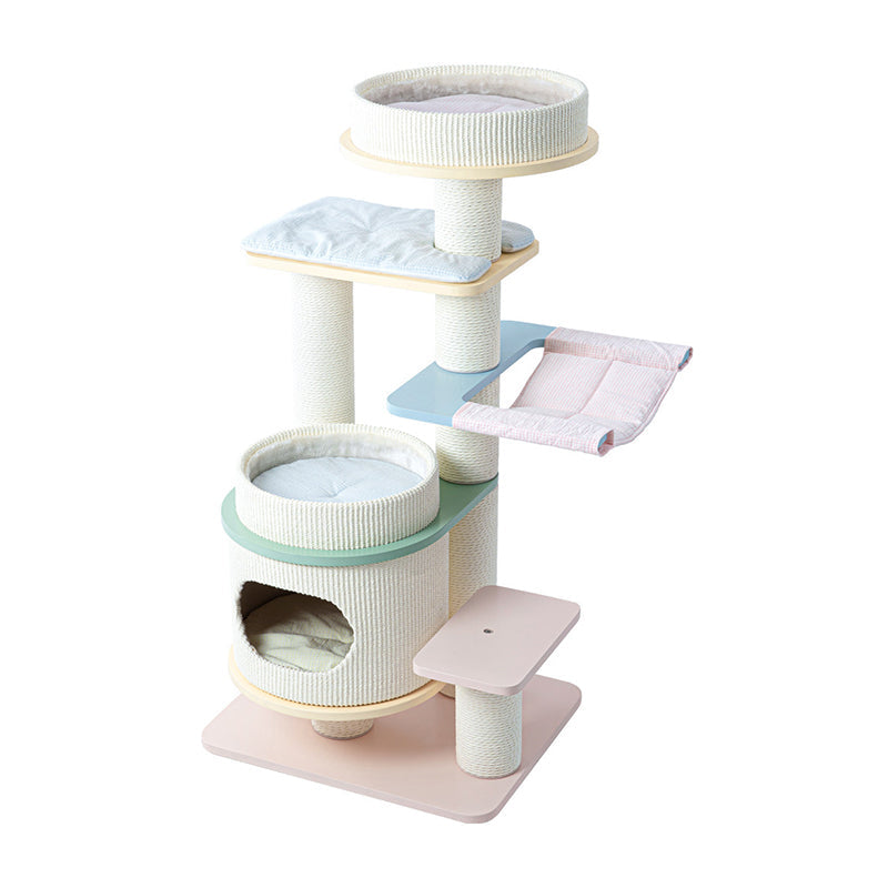 Contemporary Scandinavian Round Multi-Layer Solid Wood Panel Fiberboard Paper Rope Paper Tube Cat Tree 5-Tier For Living Room Cuvalon