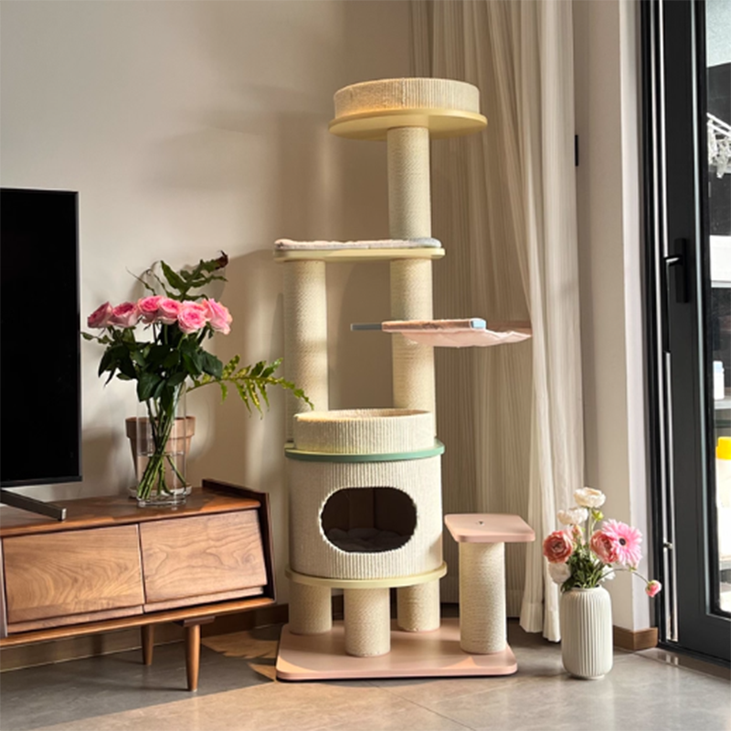 Contemporary Scandinavian Round Multi-Layer Solid Wood Panel Fiberboard Paper Rope Paper Tube Cat Tree 5-Tier For Living Room Cuvalon
