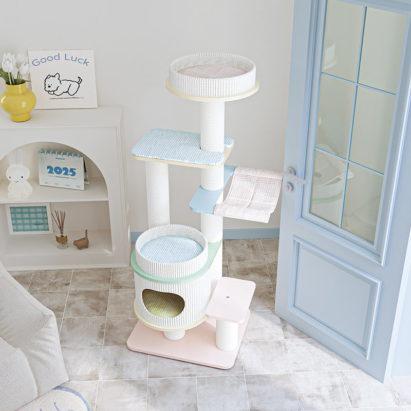Contemporary Scandinavian Round Multi-Layer Solid Wood Panel Fiberboard Paper Rope Paper Tube Cat Tree 5-Tier For Living Room Cuvalon