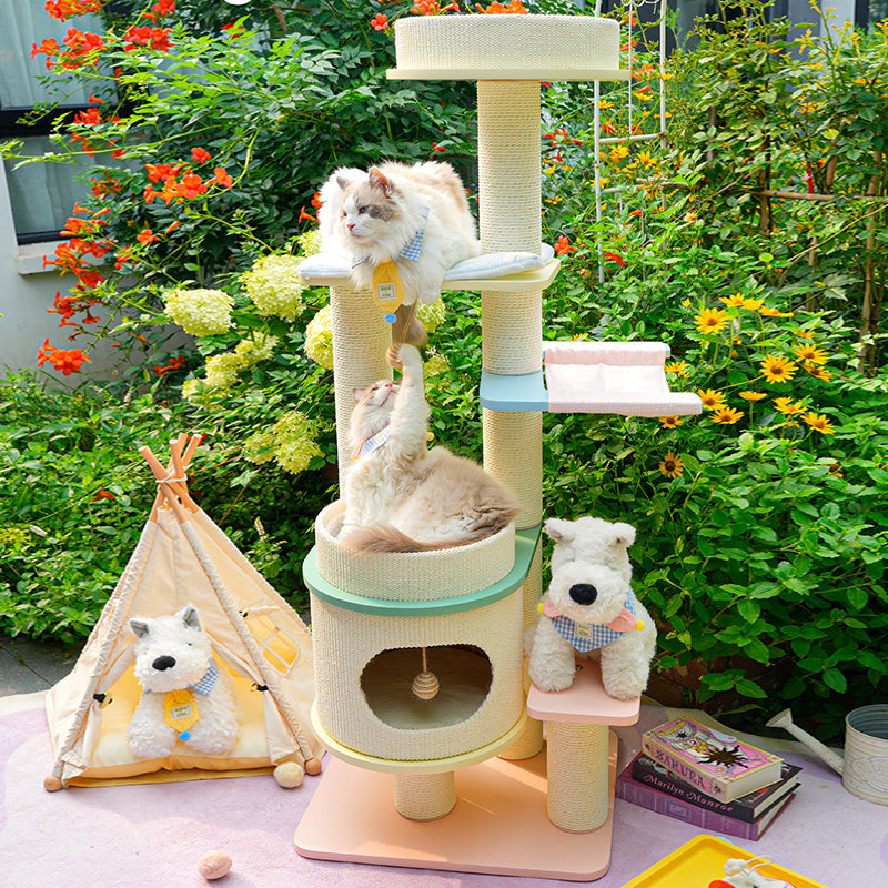 Contemporary Scandinavian Round Multi-Layer Solid Wood Panel Fiberboard Paper Rope Paper Tube Cat Tree 5-Tier For Living Room Cuvalon