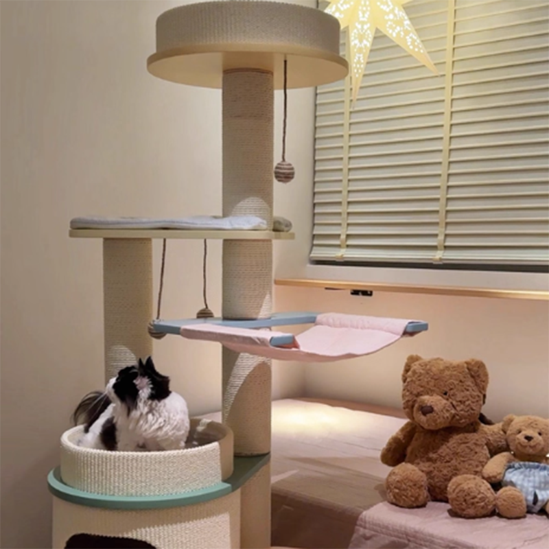 Contemporary Scandinavian Round Multi-Layer Solid Wood Panel Fiberboard Paper Rope Paper Tube Cat Tree 5-Tier For Living Room Cuvalon