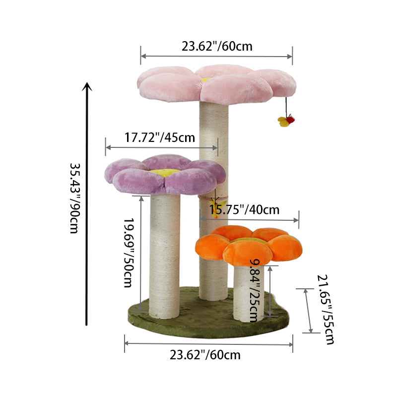 Contemporary Scandinavian Round Particleboard Kraft Paper Tube Sisal Velvet Fabric Floral Cat Tree 3-Tier For Living Room Cuvalon