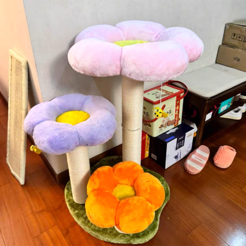 Contemporary Scandinavian Round Particleboard Kraft Paper Tube Sisal Velvet Fabric Floral Cat Tree 3-Tier For Living Room Cuvalon