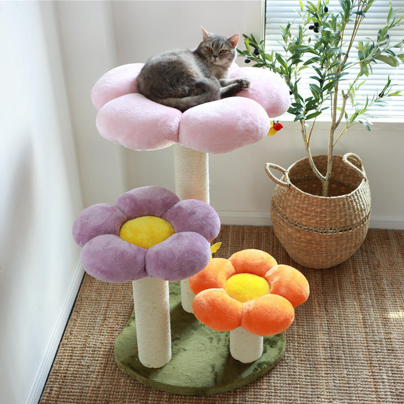 Contemporary Scandinavian Round Particleboard Kraft Paper Tube Sisal Velvet Fabric Floral Cat Tree 3-Tier For Living Room Cuvalon