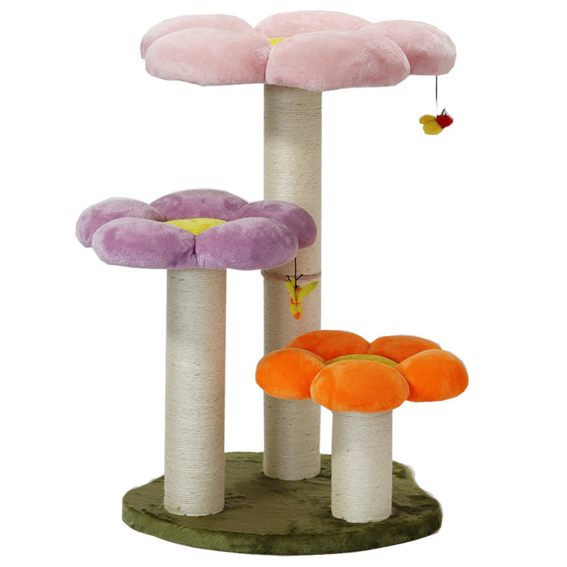 Contemporary Scandinavian Round Particleboard Kraft Paper Tube Sisal Velvet Fabric Floral Cat Tree 3-Tier For Living Room Cuvalon