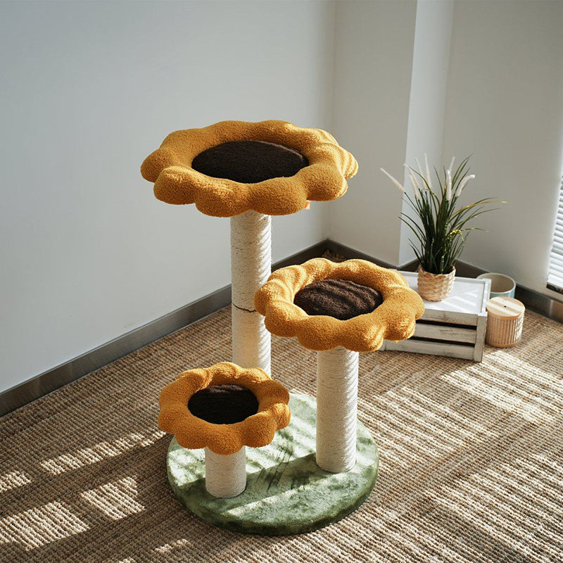 Contemporary Scandinavian Round Particleboard Kraft Paper Tube Sisal Velvet Fabric Floral Cat Tree 3-Tier For Living Room Cuvalon