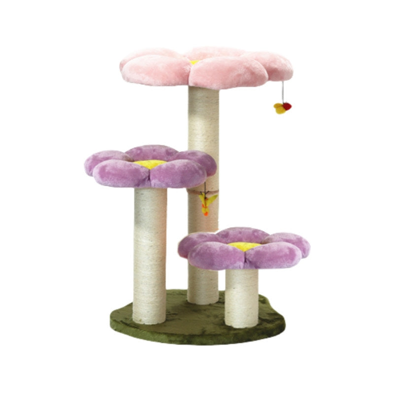 Contemporary Scandinavian Round Particleboard Kraft Paper Tube Sisal Velvet Fabric Floral Cat Tree 3-Tier For Living Room Cuvalon
