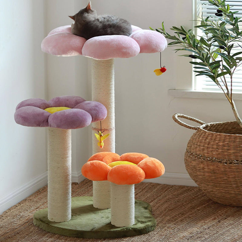 Contemporary Scandinavian Round Particleboard Kraft Paper Tube Sisal Velvet Fabric Floral Cat Tree 3-Tier For Living Room Cuvalon